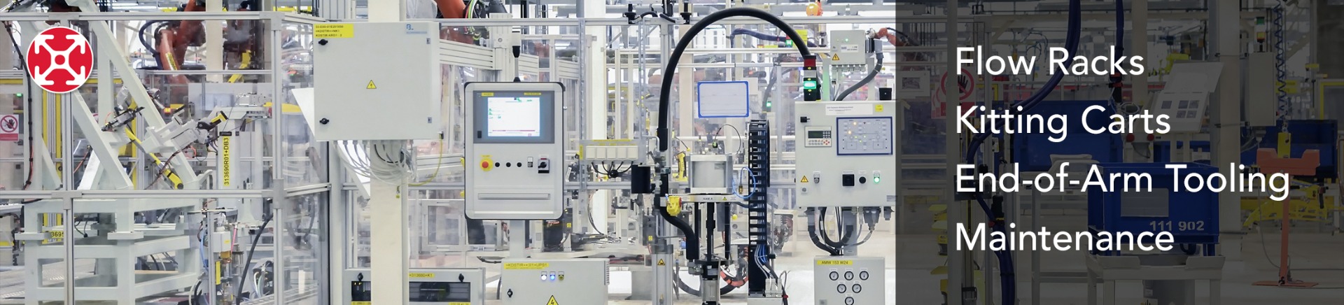 80/20 T-slot aluminum automotive material handling solutions featuring flow racks, kitting carts, end-of-arm tooling, and maintenance fixtures for lean manufacturing and assembly operations.