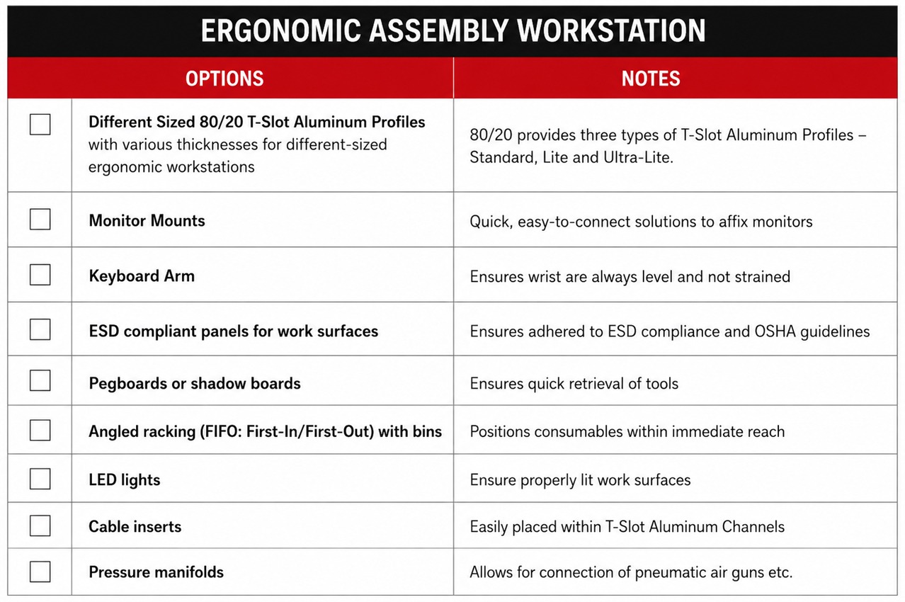 Checklist of ergonomic 80/20 T-slot aluminum assembly workstation options including monitor mounts, keyboard arm, ESD work surfaces, pegboards, FIFO flow racks, LED lighting, cable management, and pneumatic pressure manifolds for lean manufacturing.