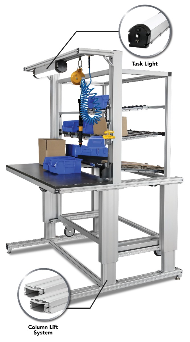80/20 T-slot aluminum ergonomic material handling workstation featuring gravity flow racks, overhead tool balancer, pneumatic screwdriver, storage bins, and integrated work surface for lean manufacturing and assembly operations.