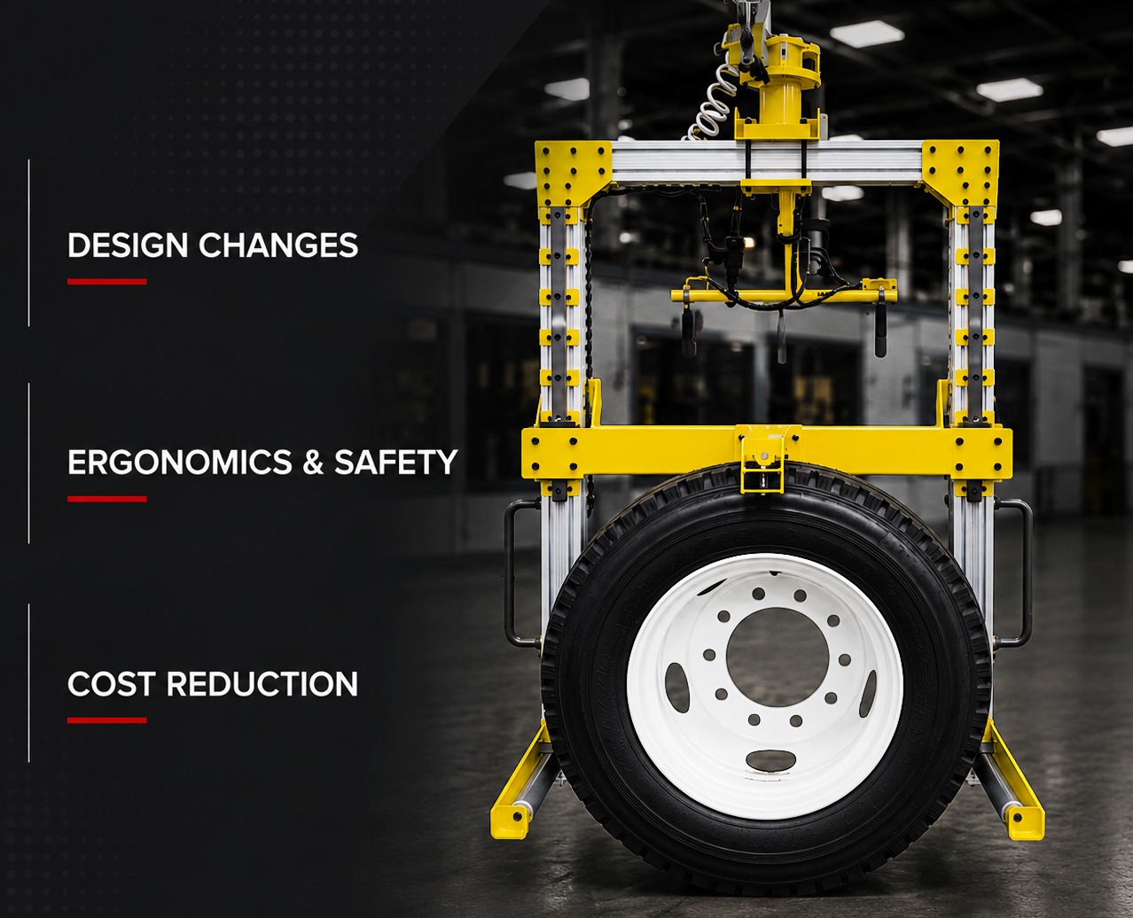 Custom ergonomic wheel assembly lift assist built with 80/20 T-slot aluminum, improving design flexibility, worker safety, ergonomics, and manufacturing cost reduction for automotive production.