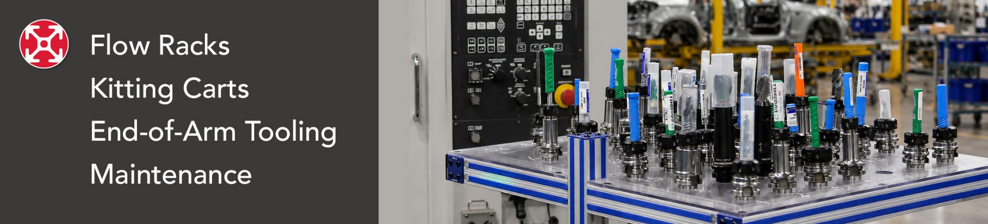 80/20 T-slot aluminum automotive material handling solutions featuring flow racks, kitting carts, end-of-arm tooling, and maintenance fixtures for lean manufacturing and assembly operations.