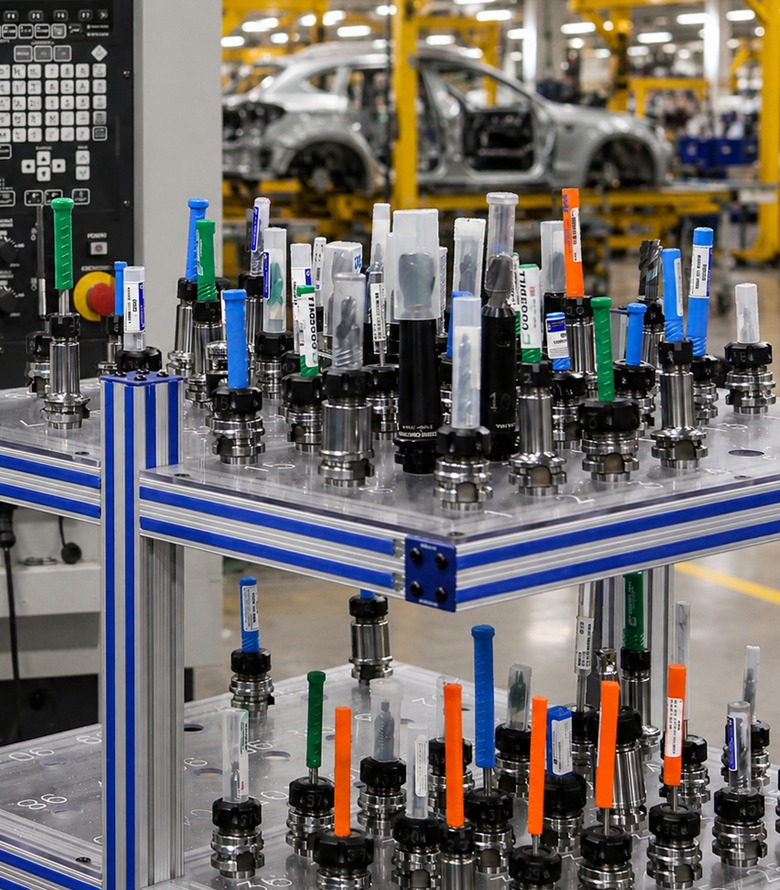 80/20 T-slot aluminum automotive material handling solutions featuring flow racks, kitting carts, end-of-arm tooling, and maintenance fixtures for lean manufacturing and assembly operations.