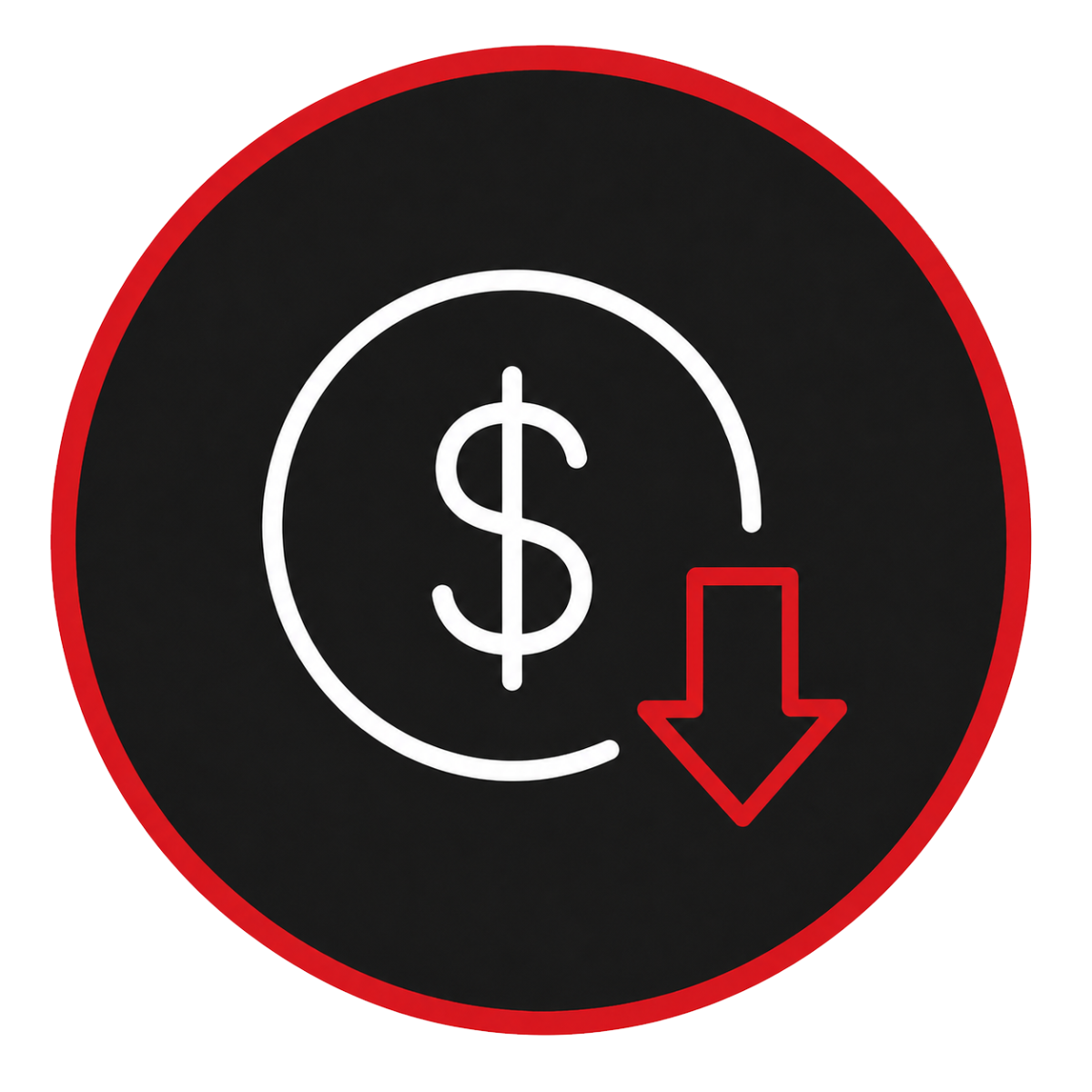 Cost reduction icon representing the savings achieved with 80/20 T-slot aluminum systems through lower manufacturing costs, reusable modular designs, and reduced workstation modification expenses.