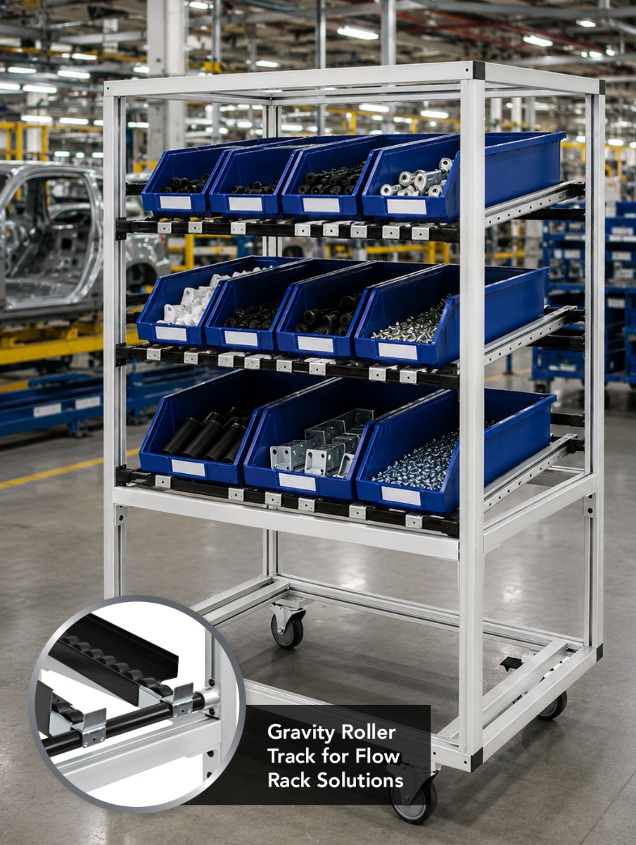 Gravity flow rack built with aluminum extrusion framing and roller tracks, featuring FIFO parts storage bins for lean manufacturing, inventory management, and automotive assembly operations.