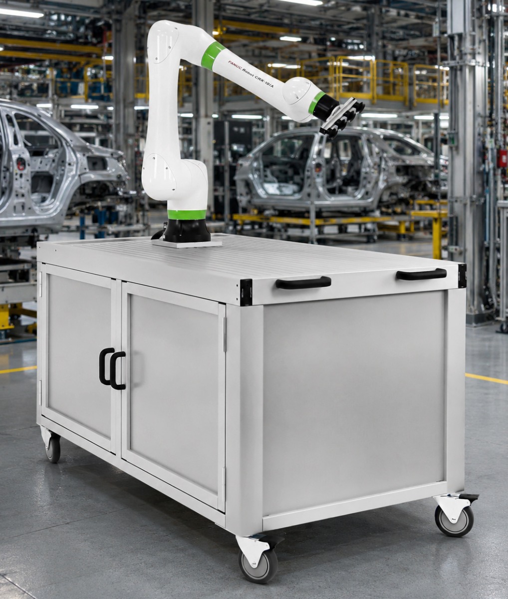 Mobile 80/20 T-slot aluminum cobot workstation featuring a collaborative robot mounted on a secure enclosed automation cart with locking storage for flexible manufacturing, machine tending, and assembly applications.