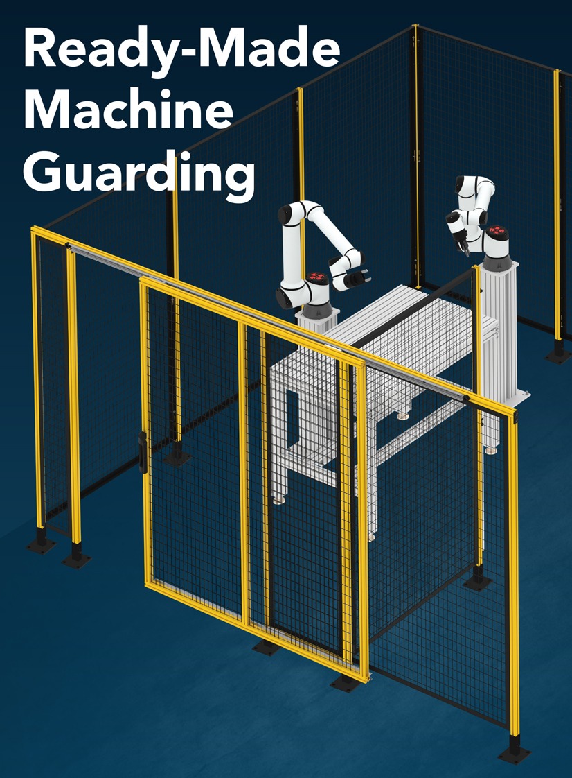 Ready-made T-slot aluminum machine guarding with yellow-framed wire mesh safety panels and access door surrounding an industrial robotic cell, providing modular, OSHA-compliant protection for automated manufacturing environments.