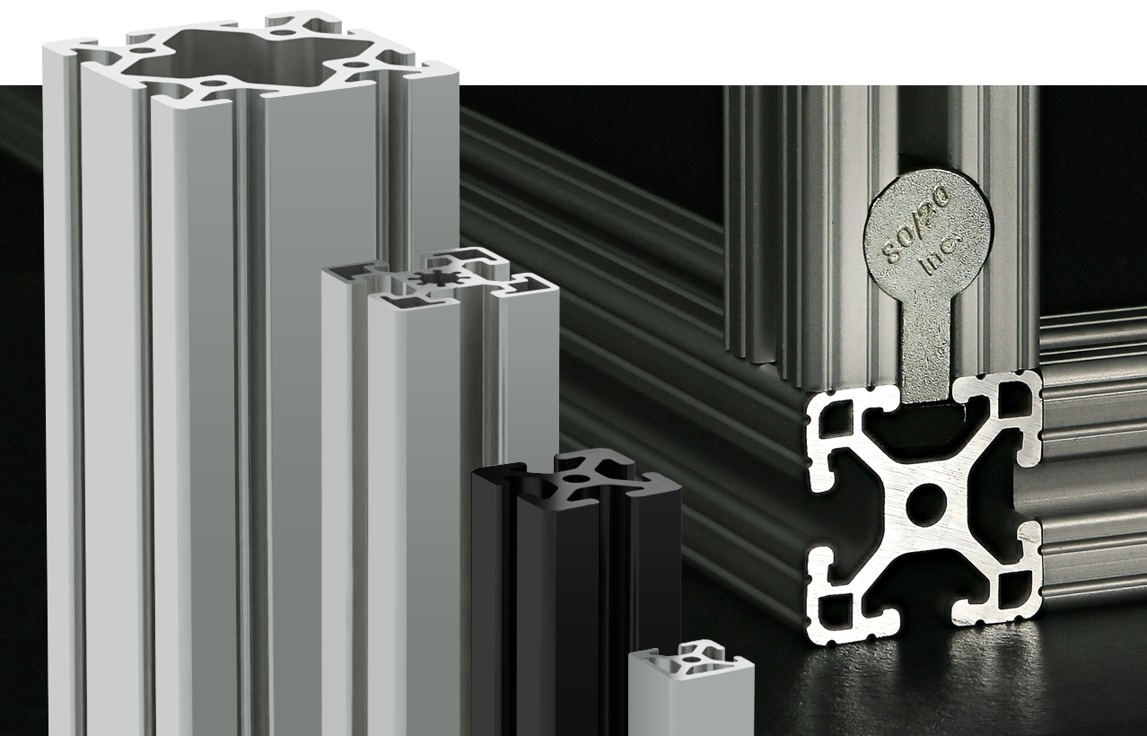 Collection of 80/20 T-slot aluminum extrusion profiles in multiple sizes and finishes, showcasing modular framing components and T-slot fastening technology for industrial applications.