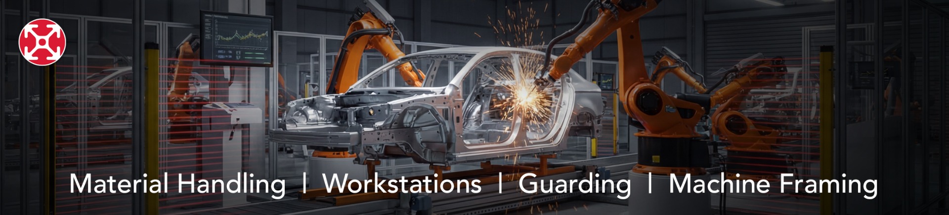 Automotive manufacturing facility featuring robotic welding cells, machine guarding, material handling systems, ergonomic workstations, and T-slot aluminum framing solutions for industrial automation.