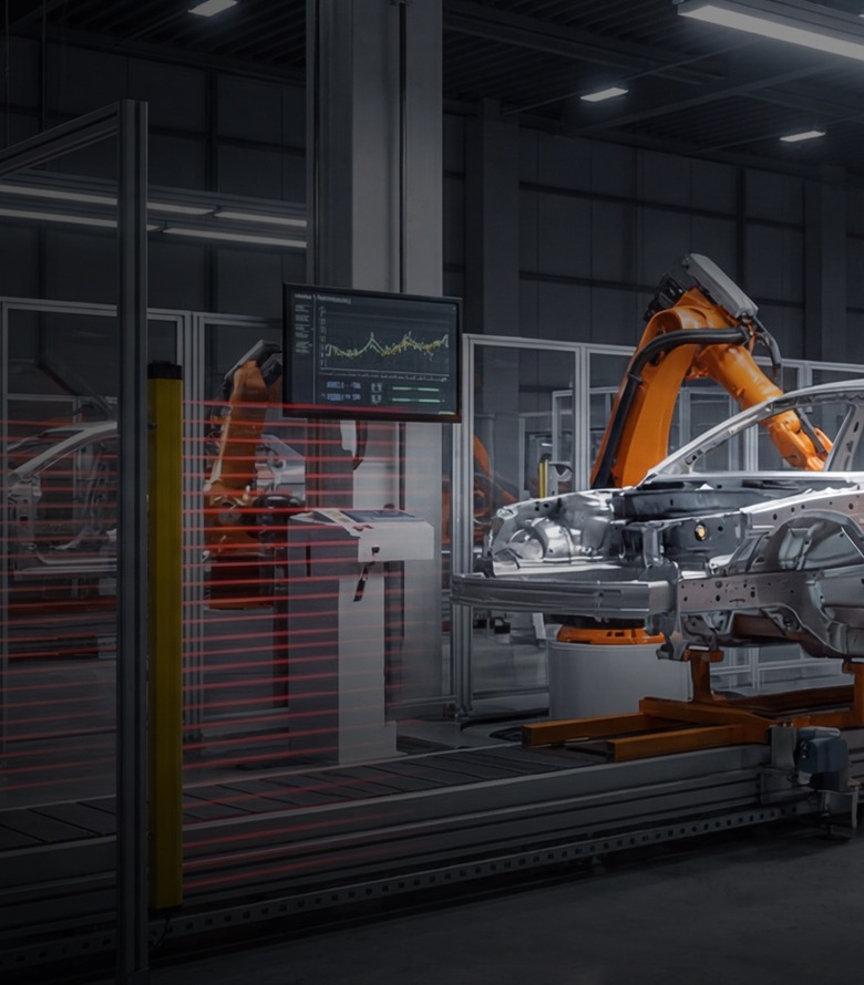 Automotive manufacturing facility featuring robotic welding cells, machine guarding, material handling systems, ergonomic workstations, and T-slot aluminum framing solutions for industrial automation.