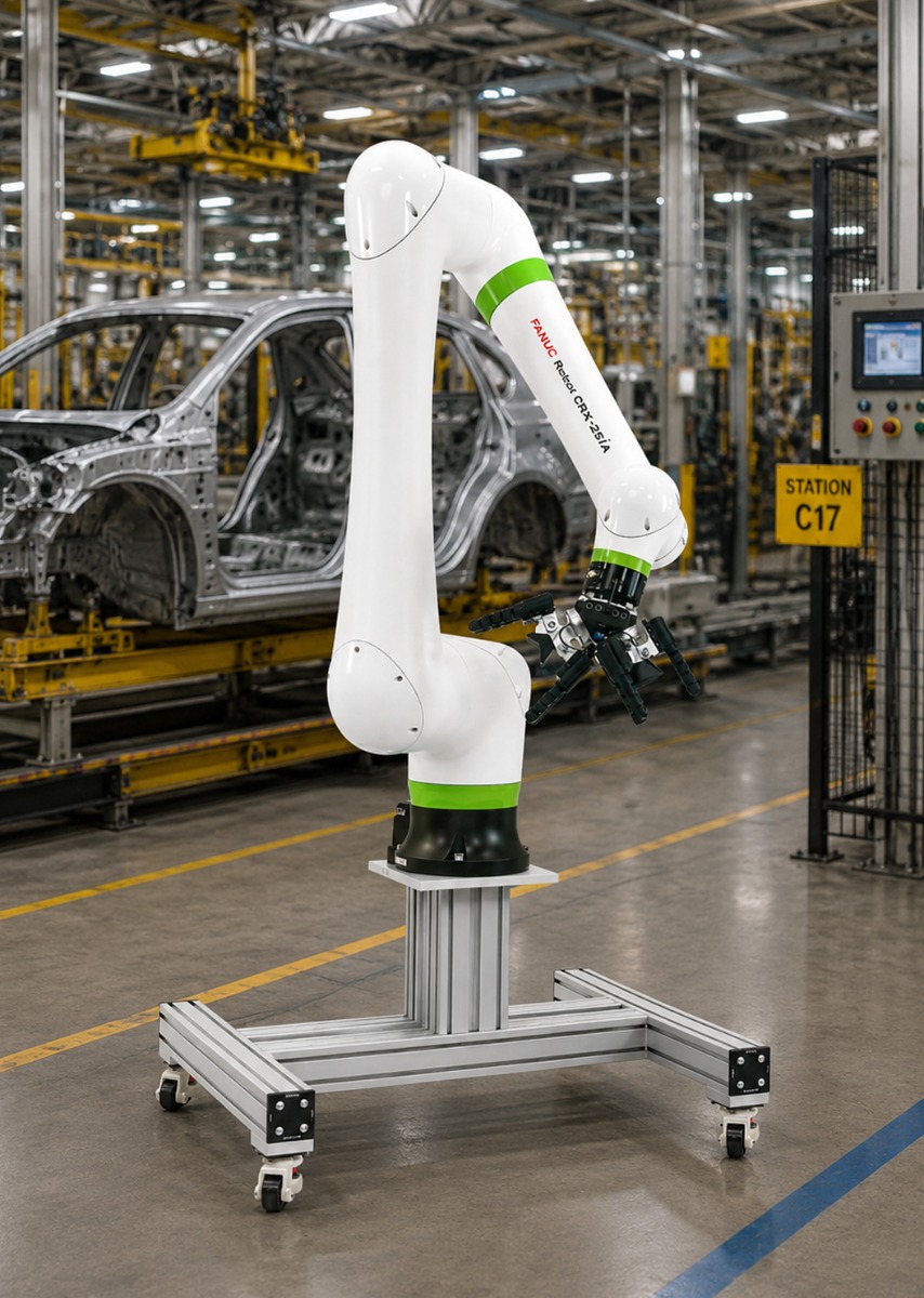 Collaborative robot mounted on a mobile T-slot aluminum workstation in an automotive manufacturing facility for machine tending, material handling, assembly, and industrial automation applications.
