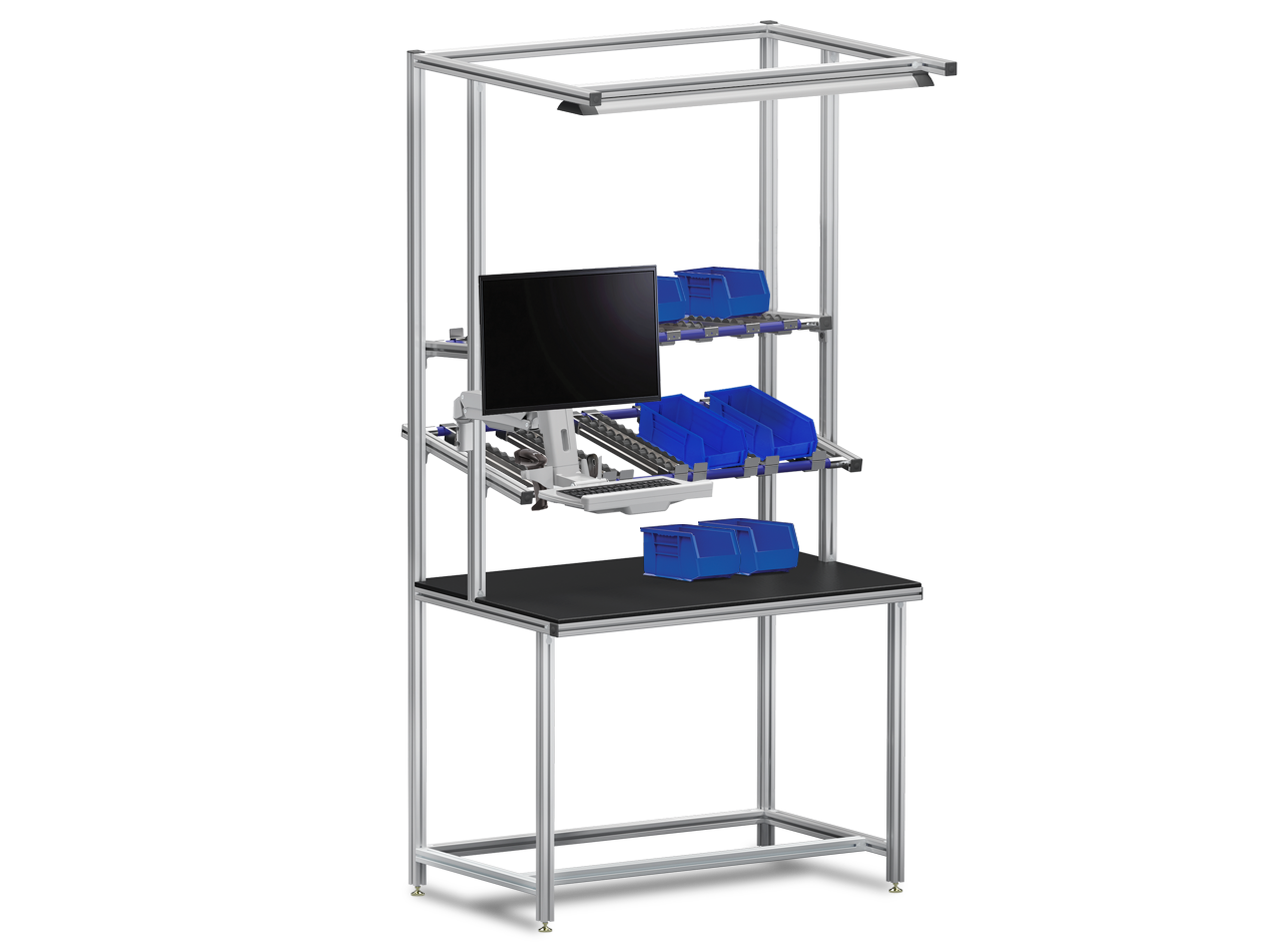 ESD-safe electronics workstation built with T-slot aluminum framing, featuring a monitor mount, keyboard tray, gravity flow parts bins, overhead LED lighting, and an ergonomic work surface for electronics assembly and lean manufacturing.