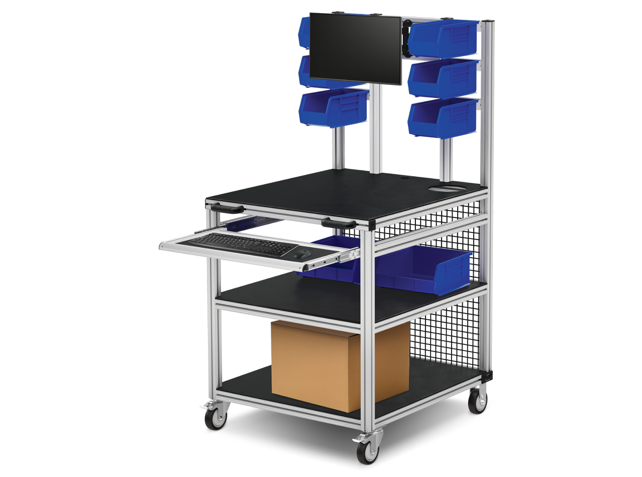 Mobile material handling workstation built with T-slot aluminum framing, featuring overhead parts bins, integrated monitor mount, keyboard tray, storage shelves, and casters for lean manufacturing, inventory management, and production operations.