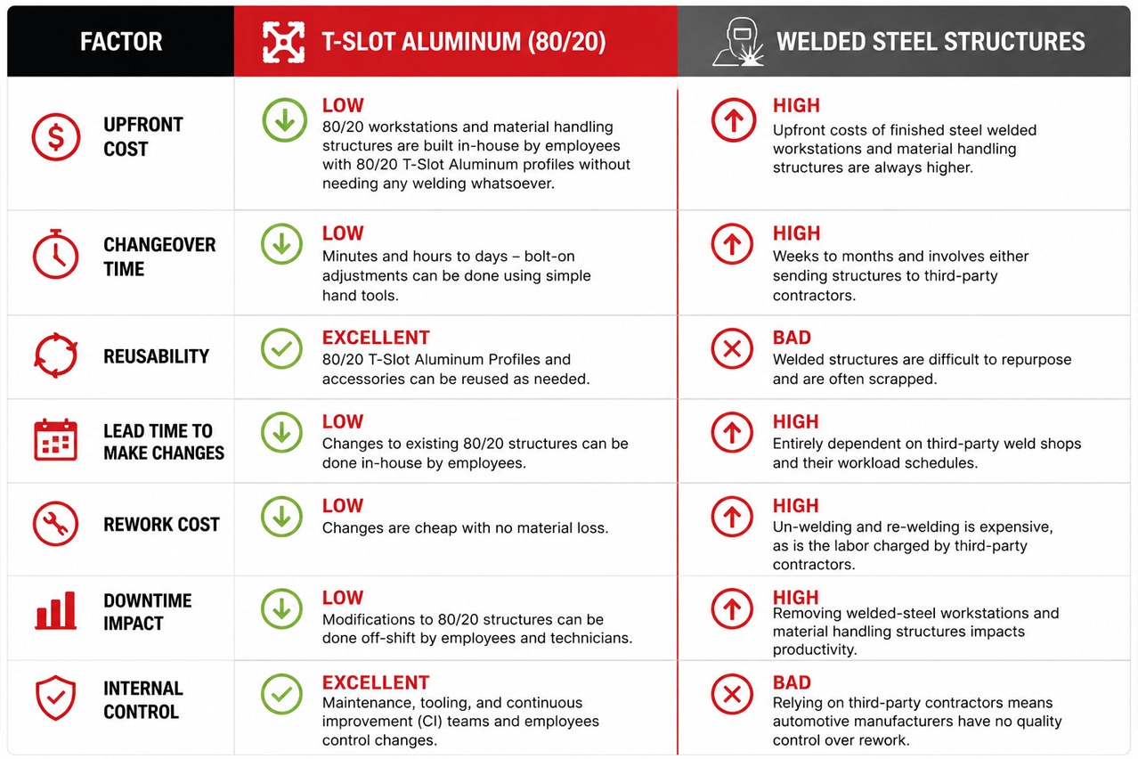 Comparison chart highlighting the advantages of 80/20 T-slot aluminum over welded steel structures, including lower upfront cost, faster changeovers, reusability, shorter lead times, lower rework costs, reduced downtime, and greater internal control.