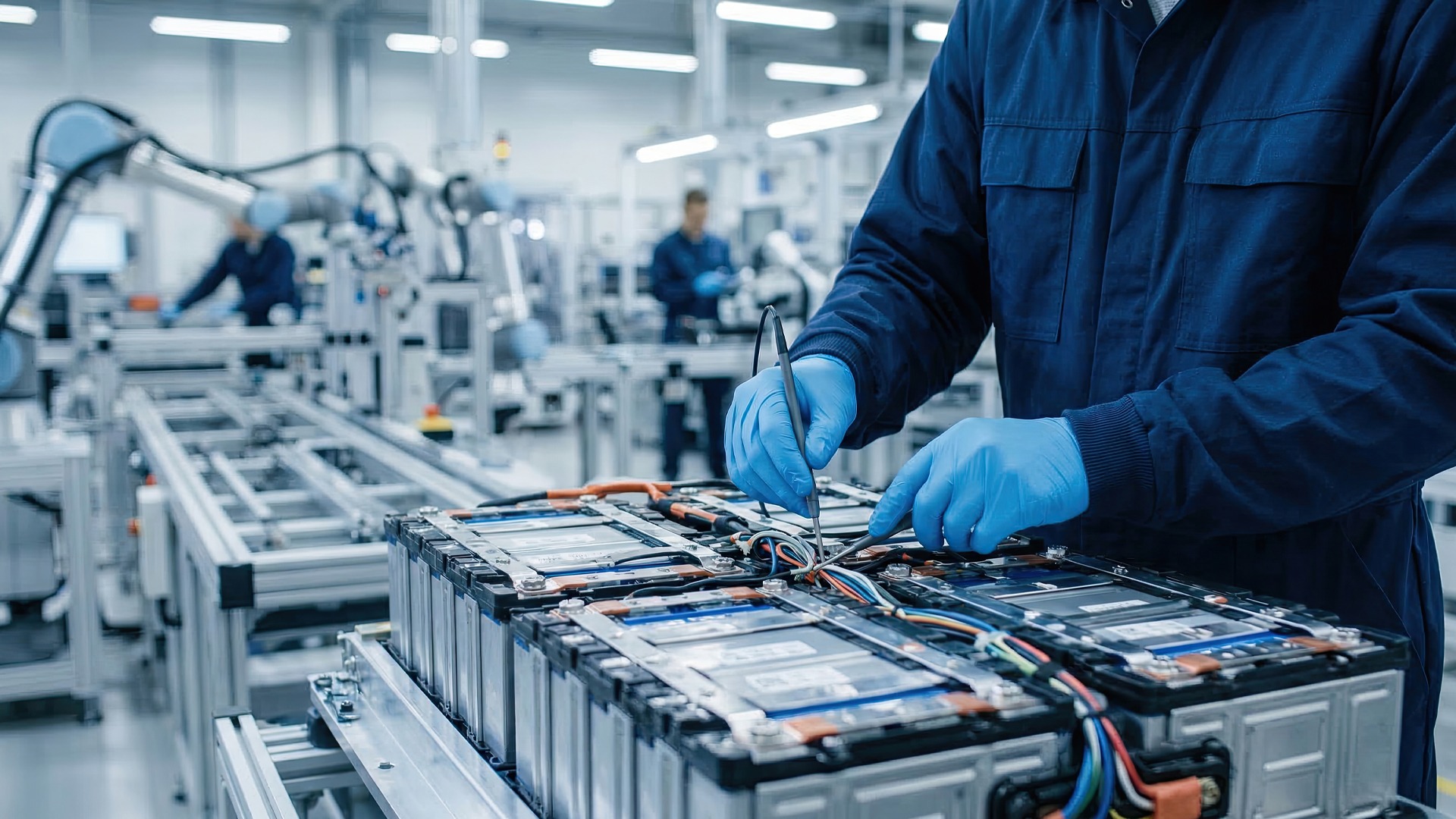 Worker assembling an automotive battery module on a T-slot aluminum workstation in a manufacturing facility.
