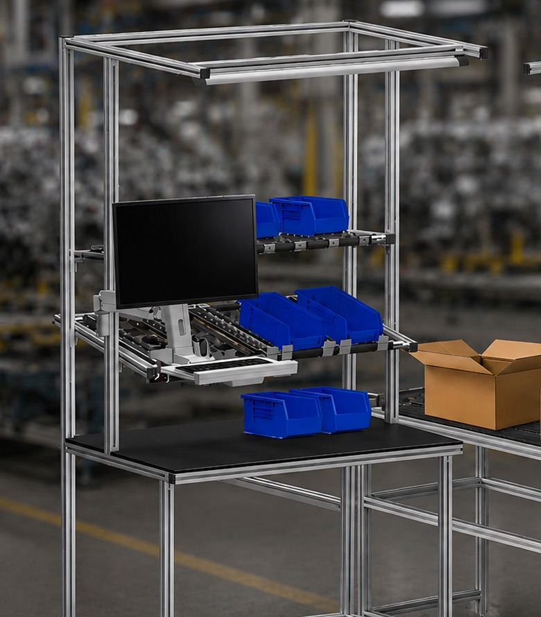 T-slot aluminum tool holder cart with organized machining tools in an automotive manufacturing plant.