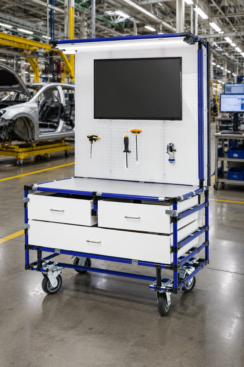 Mobile pipe and joint workstation cart with monitor, pegboard tool storage, and drawers in an automotive assembly plant.