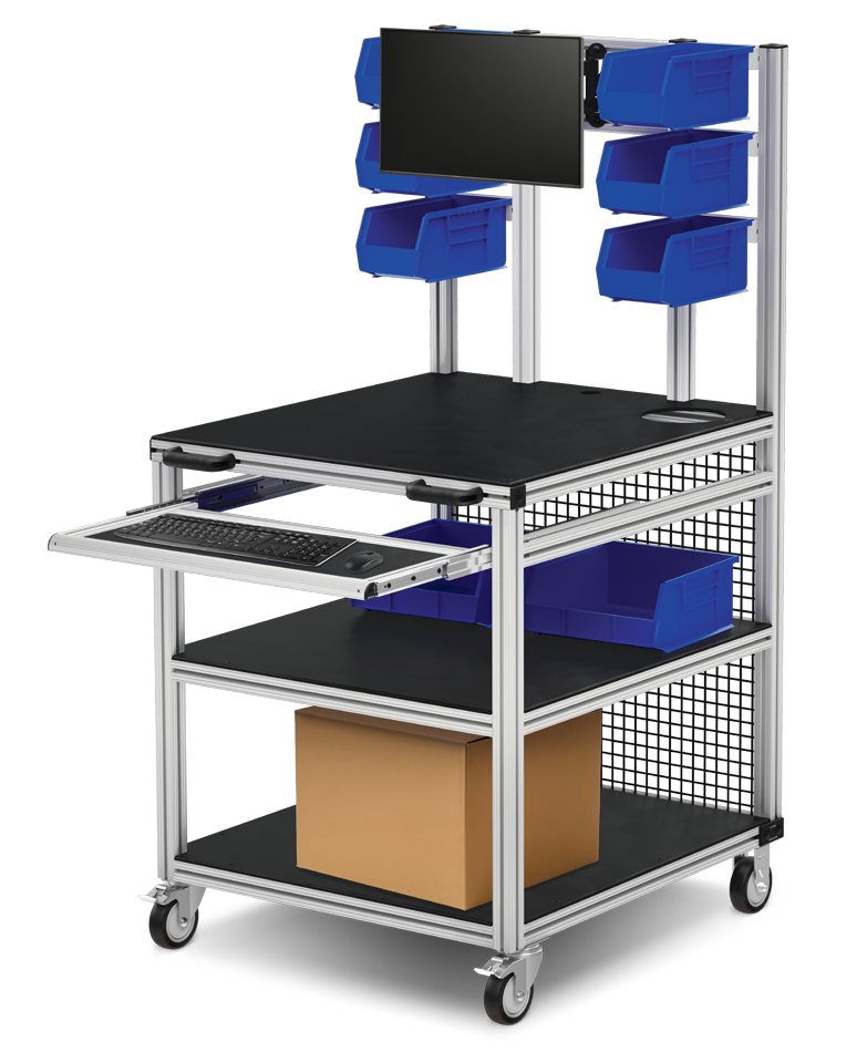 Mobile aluminum T-slot workstation with shelves, bins, keyboard tray, and monitor mount for material handling.