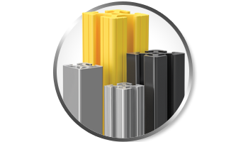 Custom Finish and Color Options for T-Slot Aluminum Profiles A circular graphic showcasing various finishes for 80/20 T-slot aluminum extrusions, including standard clear anodized silver, black anodized, and high-visibility yellow powder coat.