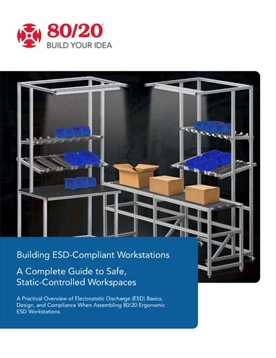 Building ESD-Compliant Workstations: A Complete Guide by 80/20 Front cover of the 80/20 field guide titled "Building ESD-Compliant Workstations." The image features a technical 3D rendering of an industrial assembly cell with T-slot aluminum workstations, gravity flow racks with blue bins, and a center conveyor line