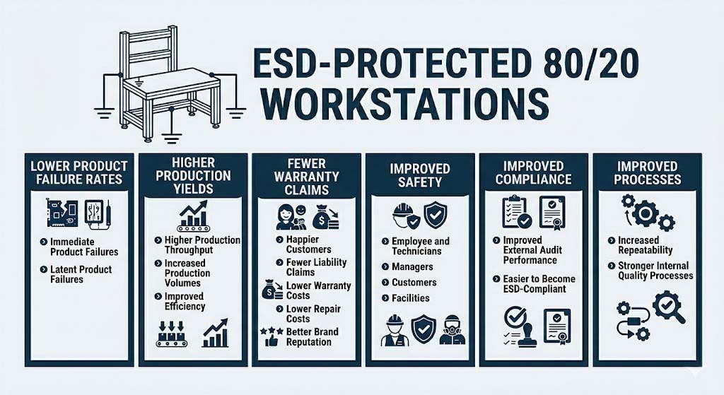 Key Benefits of Using ESD-Protected 80/20 Workstations Infographic detailing 6 benefits of ESD-protected 80/20 workstations: lower product failure rates, higher production yields, fewer warranty claims, improved safety, improved compliance, and improved processes.