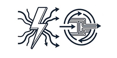 Visualizing Conductive and Dissipative Static Discharge Paths A two-part technical diagram illustrating static electricity flow: the left side shows a jagged lightning bolt with uncontrolled energy dissipation, and the right side shows controlled energy flow through a circular conductive path.