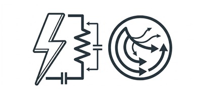 Visualizing Dissipative Static Discharge Resistance Paths A two-part technical diagram illustrating dissipative static electricity flow: the left side shows a lightning bolt symbol connected to a resistor and capacitor circuit, while the right side shows energy arrows diffusing within a circular path.