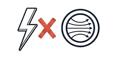 Visualizing Insulative Material Resistance to Static Discharge A two-part technical diagram illustrating insulative properties: the left side shows a lightning bolt symbol blocked by a large red X, while the right side shows static energy lines contained and unable to exit a circular boundary.