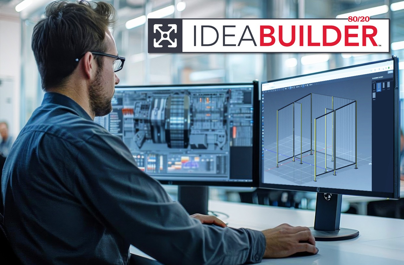 80/20 IDEA Builder CAD Software for Designing T-Slot Aluminum Solutions Engineer using 80/20’s IDEA Builder CAD software to design custom T-slot aluminum framing solutions on dual monitors.
