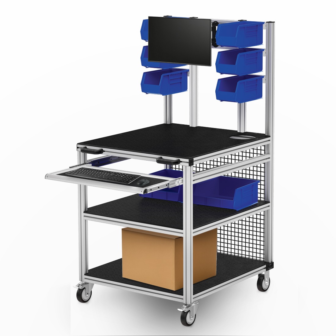 Mobile Industrial Workstation with Storage Bins and Monitor Mount Mobile industrial workstation with aluminum frame, monitor mount, blue storage bins, pull-out keyboard tray, and shelving for tools and materials.