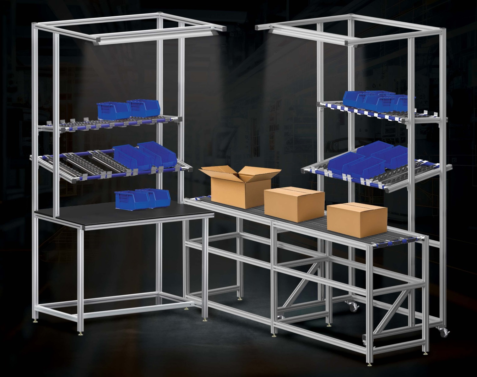 Custom Industrial Assembly Line Flow Rack with Roller Tracks A modular assembly line station made from T-slot aluminum framing, featuring gravity flow racks with blue bins, integrated worktables, and a roller conveyor for cardboard box transport.
