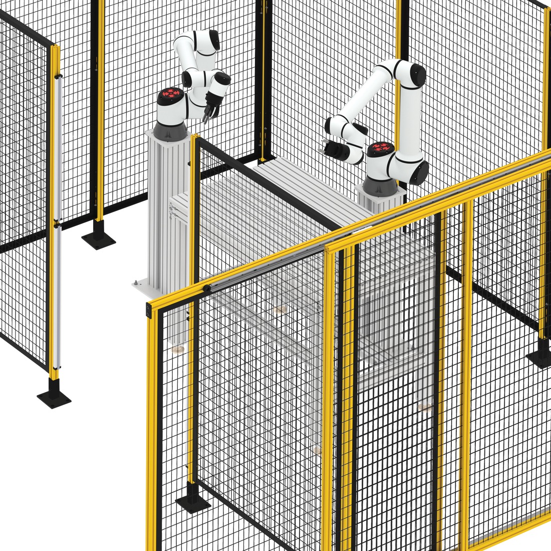 Robotic Workcell with Industrial Safety Fencing for Automation Industrial robotic workcell enclosed in metal safety fencing with two collaborative robot arms operating inside for automated manufacturing.
