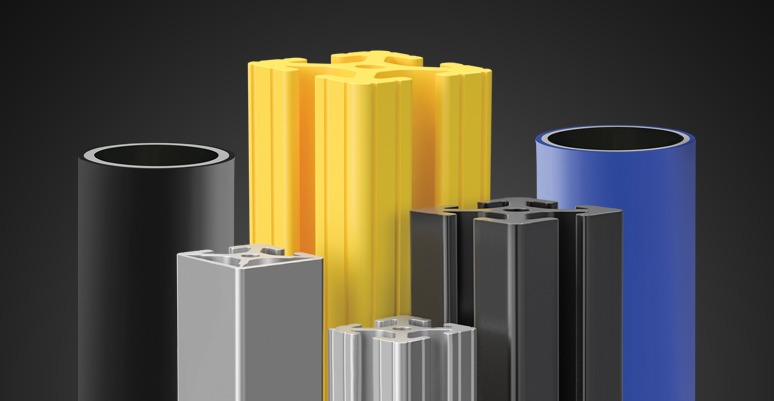 Aluminum Extrusion Framing Options with Multiple Finishes and Colors Collection of aluminum extrusion framing profiles and tubing options featuring multiple finishes and colors, including clear anodized, black anodized, yellow, and blue coatings for industrial and custom applications.