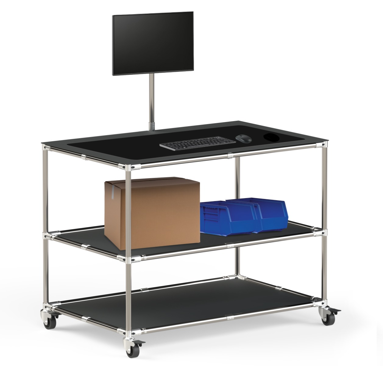 ESD Workstation with Monitor Mount and Mobile Storage Shelves Mobile ESD-safe workstation featuring a monitor mount, conductive work surface, storage shelves, and casters for electronics assembly, testing, and manufacturing environments.