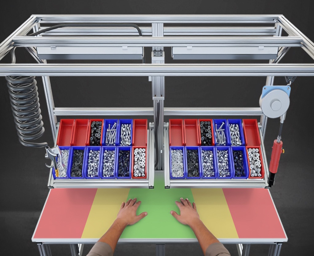 Lean Manufacturing Workstation with Parts Kitting and Ergonomic Assembly Setup Ergonomic lean manufacturing workstation featuring overhead parts bins, organized hardware storage, tool balancers, and color-coded work zones for efficient assembly and production operations.