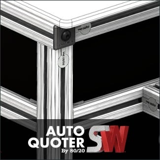 80/20 AutoQuoter SW software showing aluminum T-slot framing design with corner connectors