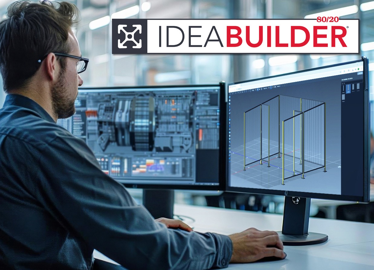Engineer using 80/20&rsquo;s IDEA Builder CAD software to design custom T-slot aluminum framing solutions on dual monitors.