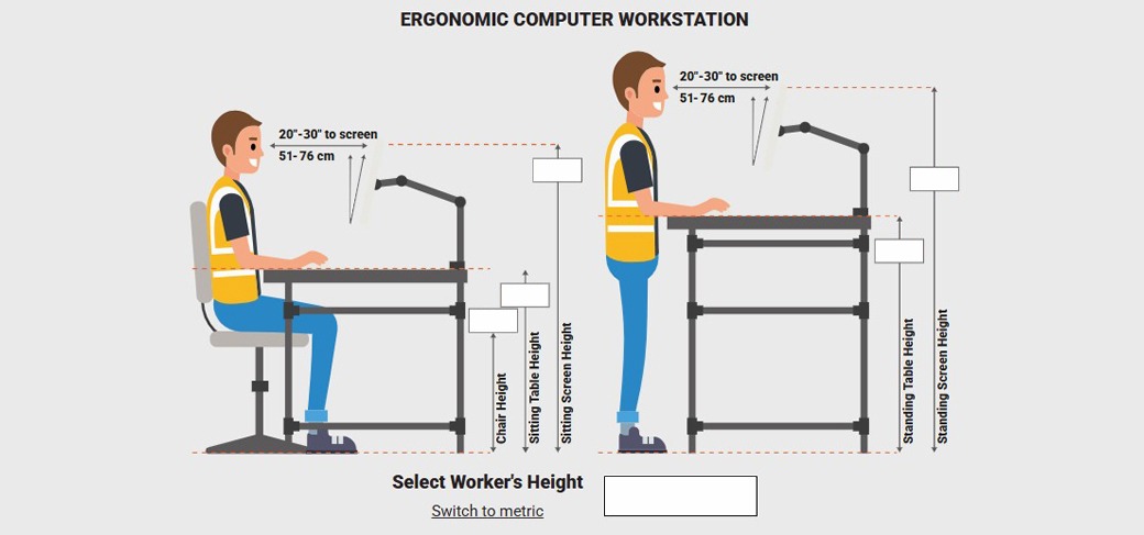 Illustration of ergonomic computer workstation height recommendations showing proper sitting and standing desk heights, screen distance of 20&ndash;30 inches (51&ndash;76 cm), and chair and monitor adjustments for worker comfort.