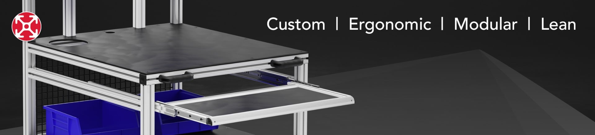 Banner image showing a modular ergonomic workstation made from aluminum framing with a pull-out tray, blue storage bins, and the 80/20-style T-slot profile logo, alongside text reading Custom, Ergonomic, Modular, Lean.