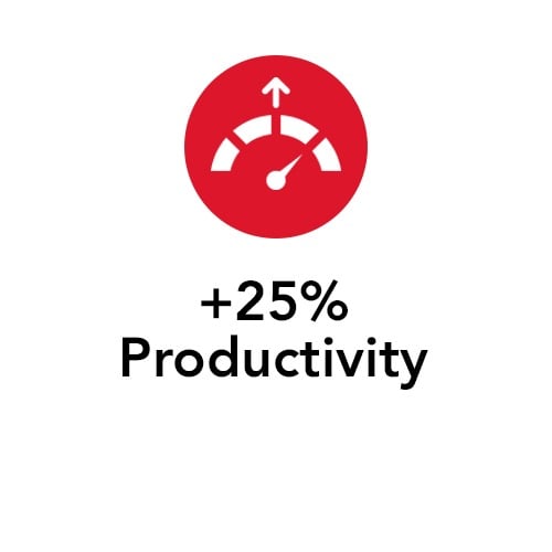 Red productivity gauge icon showing a 25 percent increase in performance.