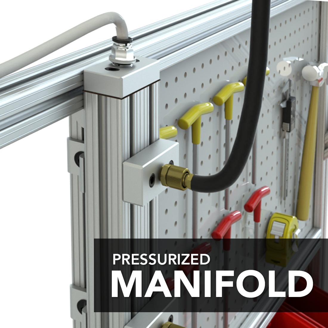 Pressurized air manifold mounted to a T-slot aluminum workstation frame, with hose connections and a pegboard tool panel holding various hand tools.