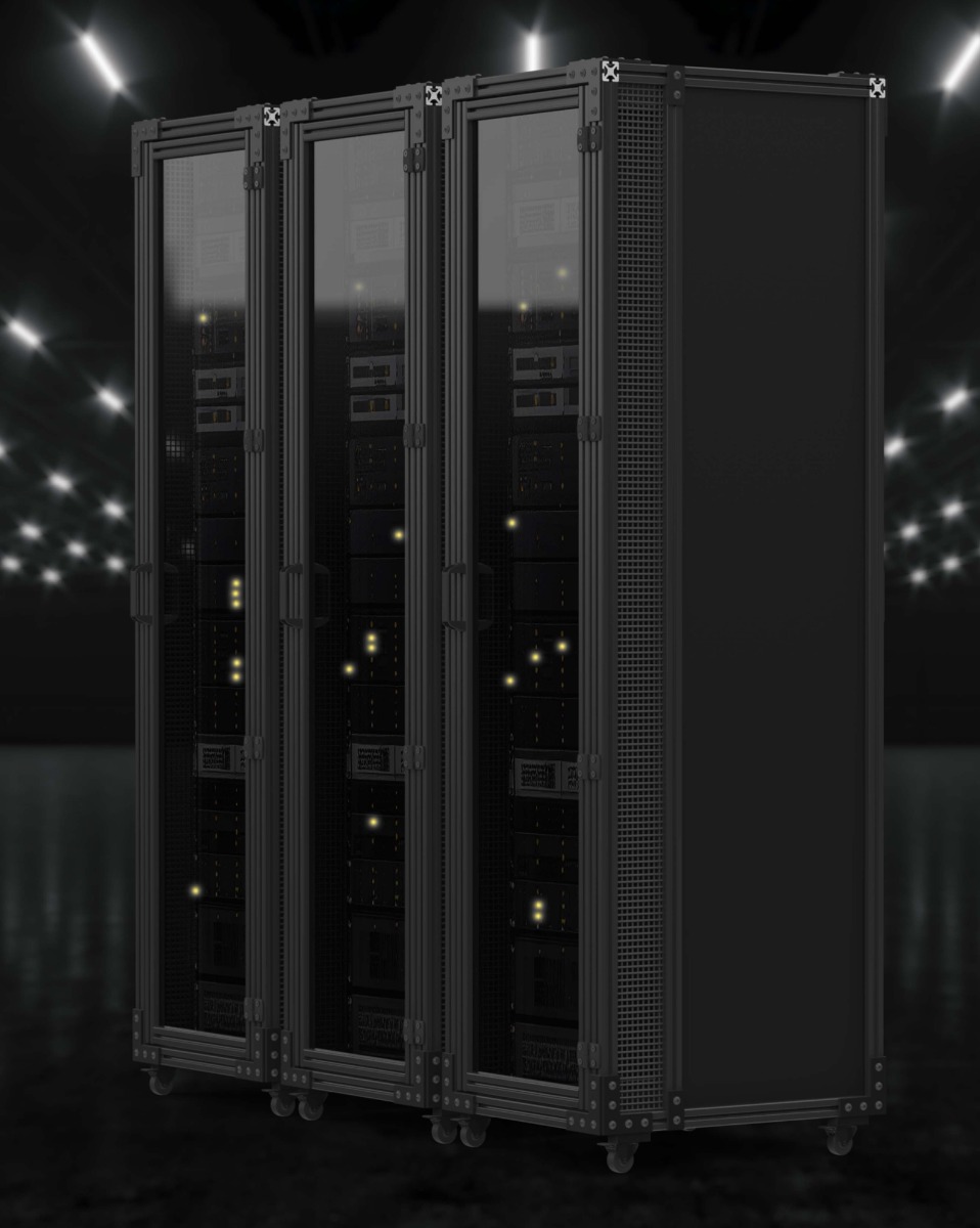Three black 80/20 Fiber Reinforced Polymer (FRP) server racks with glass front doors and mesh side panels. The non-conductive enclosures are shown in a stylized dark data center environment with illuminated server hardware visible inside.