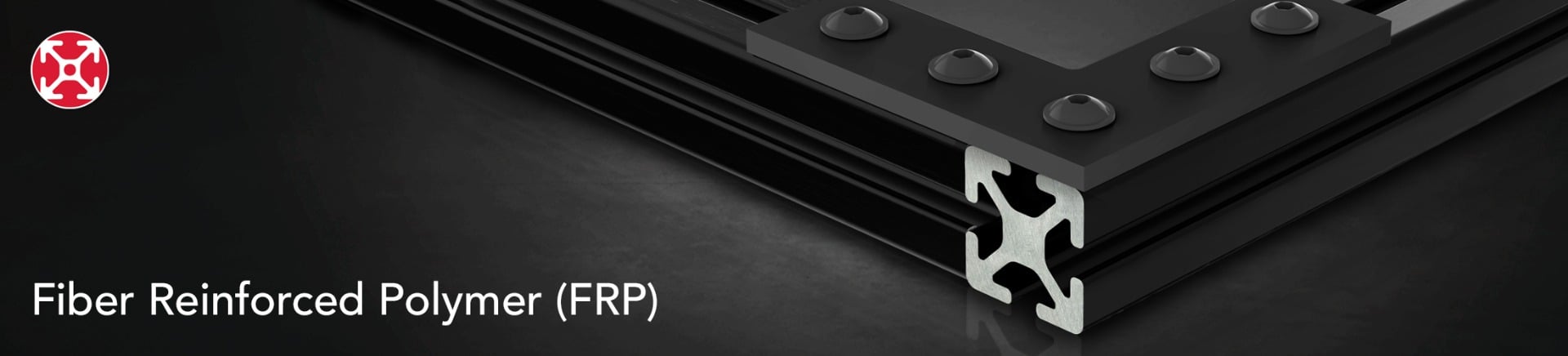 A black 80/20 Fiber Reinforced Polymer (FRP) T-slot profile assembly. The image highlights the cross-section of the non-conductive fiberglass and polyurethane resin material, joined by a heavy-duty black corner plate and mounting bolts.