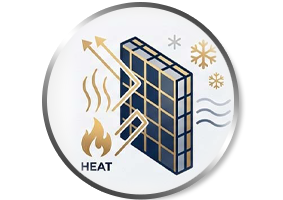An icon illustrating the thermal non-conductive properties of FRP framing. It shows heat waves being reflected away from a modular grid and snowflakes on the opposite side, representing effective temperature regulation and thermal breaking.