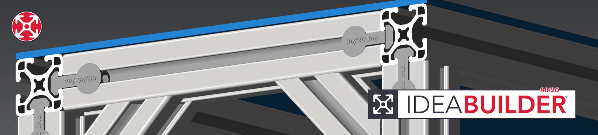 80/20 IdeaBuilder software banner showing aluminum T-slot framing connections designed using IdeaBuilder for modular structure planning.