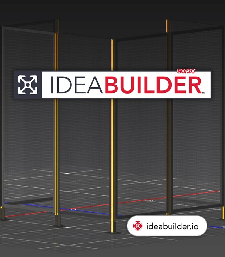 80/20 IdeaBuilder software banner showing aluminum T-slot framing connections designed using IdeaBuilder for modular structure planning.