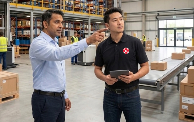 Manufacturing professional discussing facility needs with an 80/20 representative on a production floor