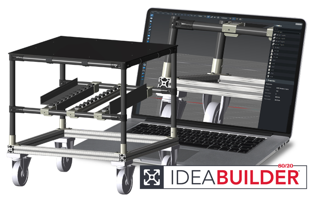 Modular T-slot aluminum cart shown beside a laptop running 80/20 IdeaBuilder design software