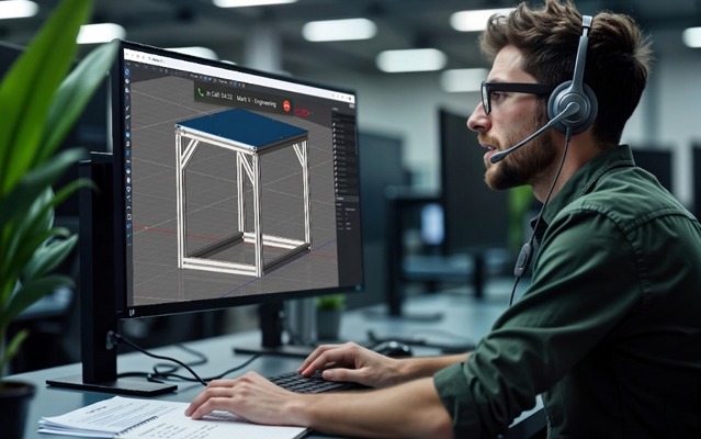 Technical support specialist using 80/20 IdeaBuilder software to review a T-slot aluminum frame design