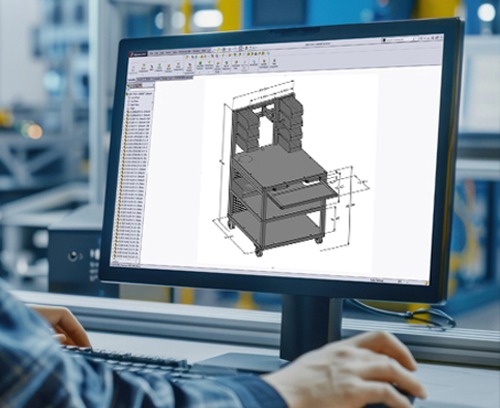CAD model of a modular T-slot aluminum workstation displayed on an engineering monitor
