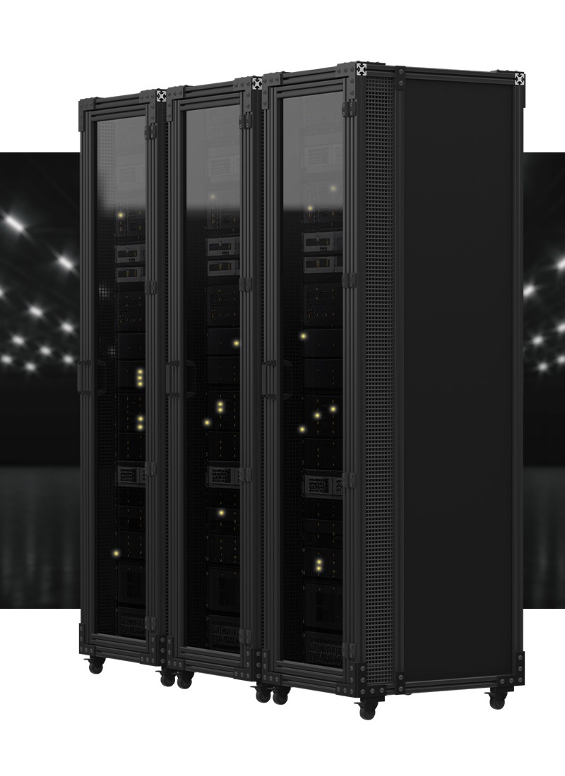 Three black T-slot aluminum server rack enclosures with mesh doors and caster wheels